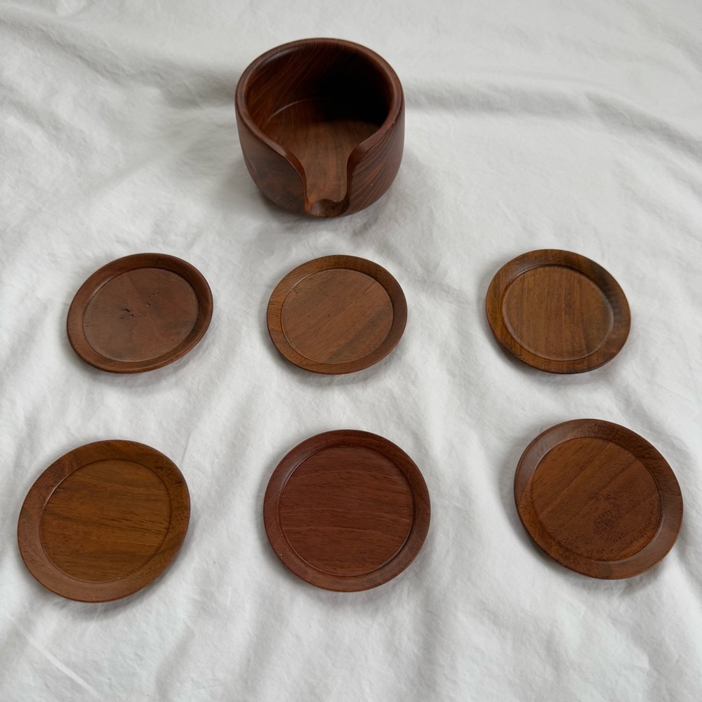 Wooden Coaster Set with Holder - 6 Coasters Mid Century Modern Style